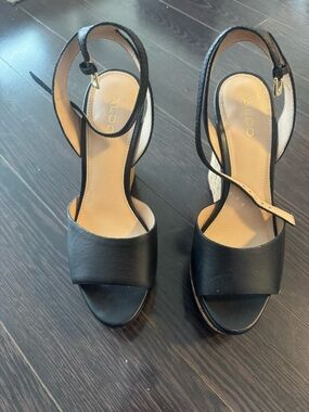 ALDO Black Leather Open-Toe Ankle-Strap Heels